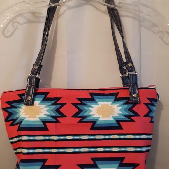 New Southwestern geometric Pink Turquoise Cowgirl Double Handle Satchel Bag Boh - Picture 7 of 10